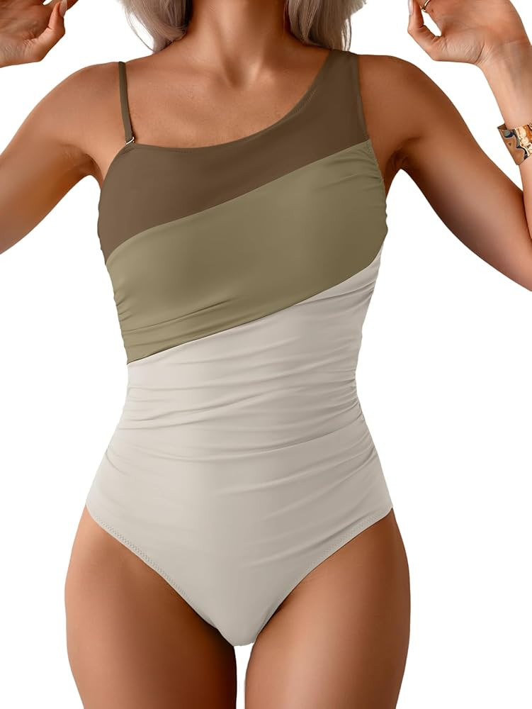 Aidonger One Shoulder One Piece Swimsuit for Women Tummy Control Bathing Suits Color Block Ruched... | Amazon (US)