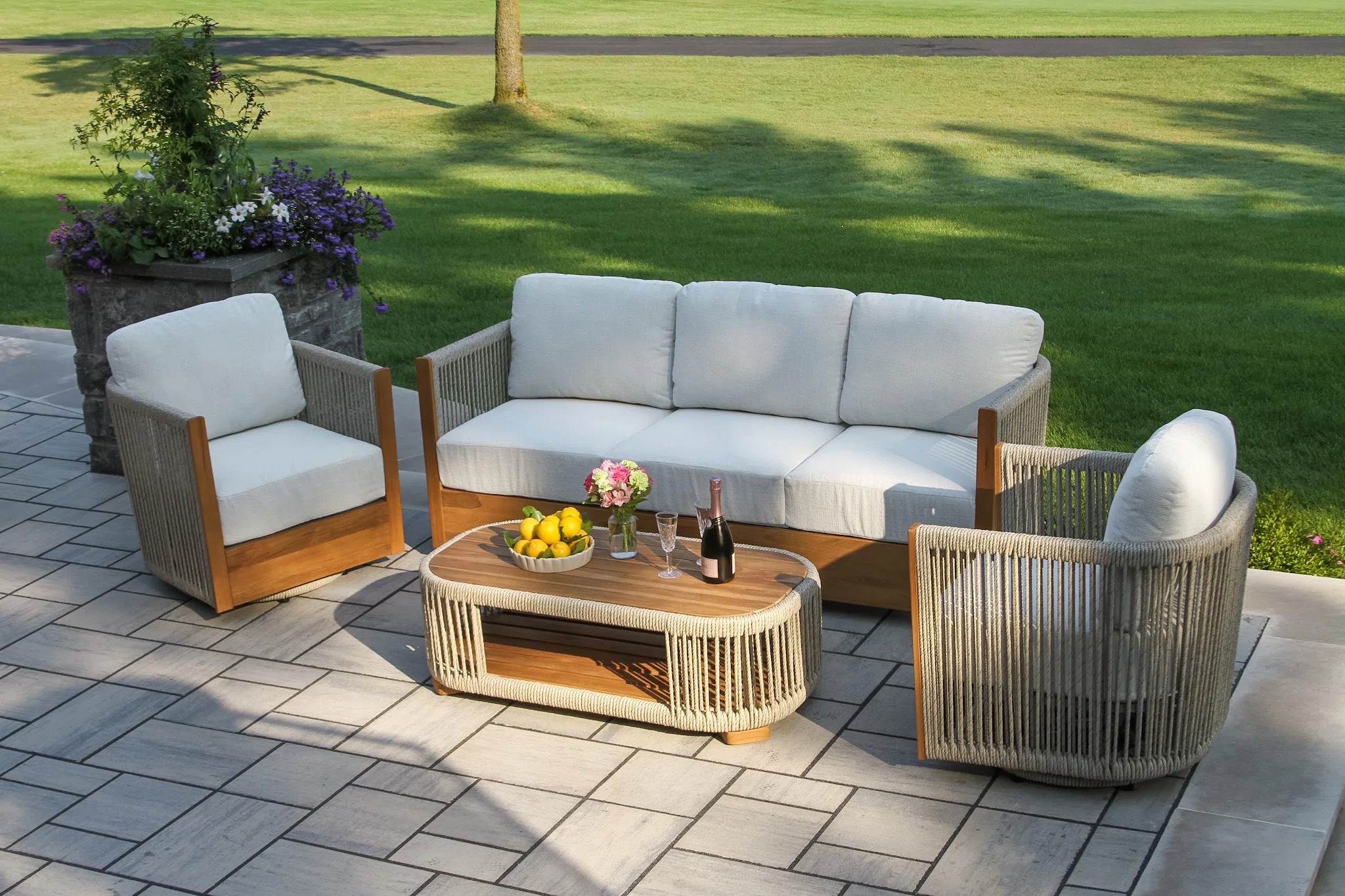 Aniston 4 - Piece Teak & Speckled Cable Wicker With Acrylic Fabric Seating Group | Wayfair North America