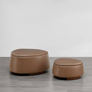 SPRUCE & SPRING Leocadia Saddle Brown Leather Rounded Pebble Tray Top Ottoman Set with Wood Frame... | The Home Depot