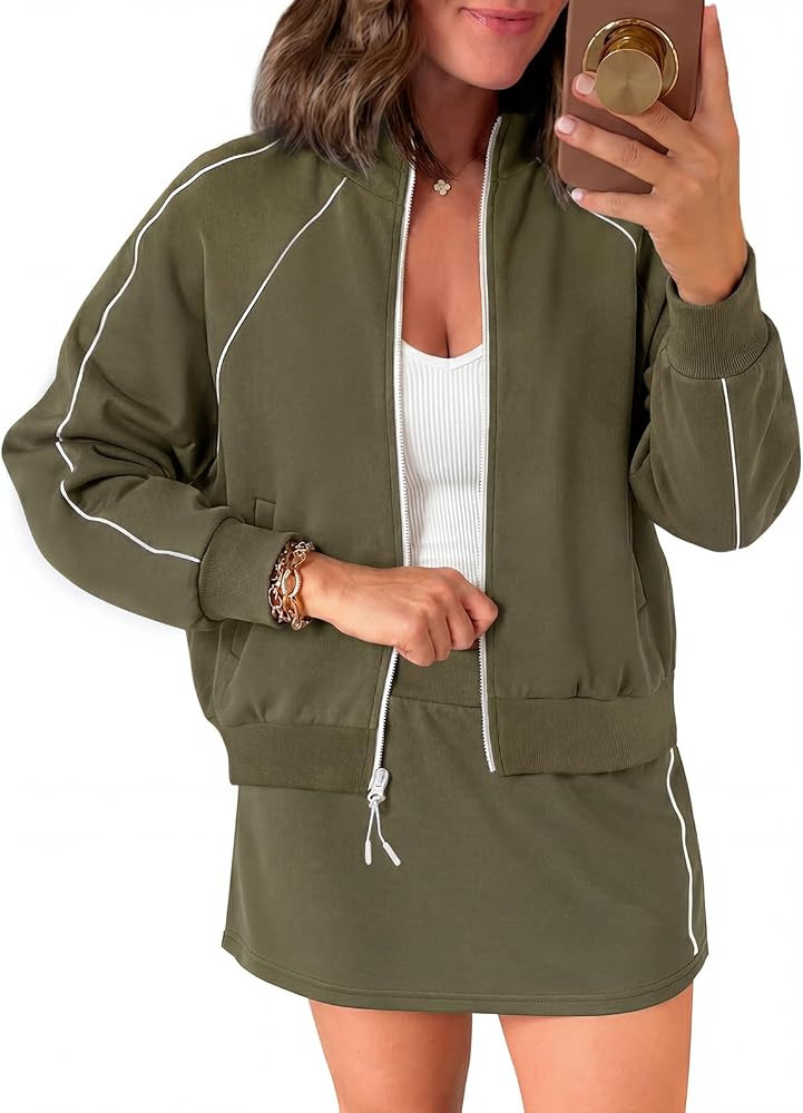 Womens 2 Piece Skirt Sets Zip Up Cropped Jackets Skort Set Workout Outfits | Amazon (US)