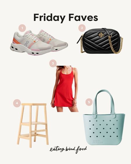 Friday Faves ☀️
1️⃣ Recently got myself a new pair of sneakers for strength training and I’ve been really liking them! They offer great support for training and fit tts (I always do up a ½ size for sneakers). 
2️⃣ I have this bag in black and love it - it’s the perfect size for a night out - fits your phone, cards and some lip gloss. The desert (tan) color is on sale for 35% off!! 
3️⃣ My favorite easy-to-throw on dressing from Abercrombie is on sale for 20% off this weekend. I have it in black but thinking I need to order another color this week. The red is so cute!
4️⃣ My kids loving helping in the kitchen and we use our learning towers daily. This one from Lalo is high quality, aesthetically pleasing and has two different heights.
5️⃣ This tote is a Bogg Bag lookalike (less expensive, a touch more feminine and maybe even cuter). Love the blue color too! 


#LTKKids #LTKActive #LTKStyleTip