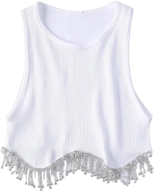 Lauweion Women’s Rhinestones Tassel Sleeveless Crop Top Diamond Decoration Fringe Racer Back Ri... | Amazon (CA)