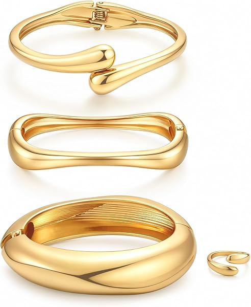 Chunky Gold Bangle Bracelets for Women, 14K Gold Plated Stackable Bangles Rings Jewelry Set, Tren... | Amazon (US)