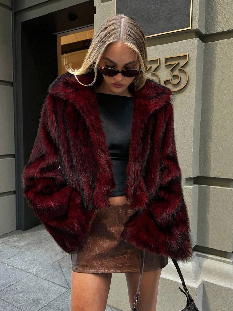 Aloruh Women's Retro Fashion Front Open Faux Fur Collar Jacket, Winter Outerwear,Fall | SHEIN