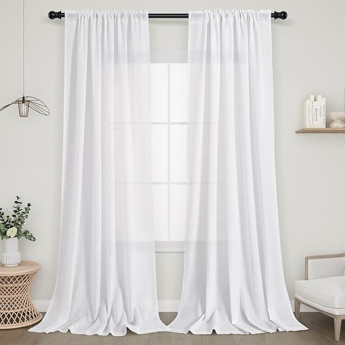 White Linen Curtains 102 Inches Long for Patio Sliding Glass Door Rod Pocket Light Filtering Neut... | Amazon (US)