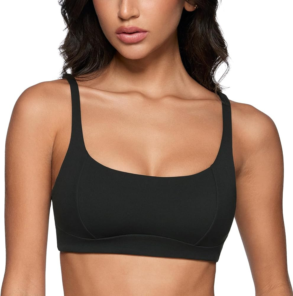 Women's Square Scoop Neck Sports Bra Thin Strap Padded Low Impact Yoga Bandeau Bra Wireless Worko... | Amazon (US)
