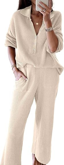 SHEWIN Womens 2 Piece Outfits Sweater Set Long Sleeve Knit Pullover Sweater Top Wide Leg Pants Lo... | Amazon (US)