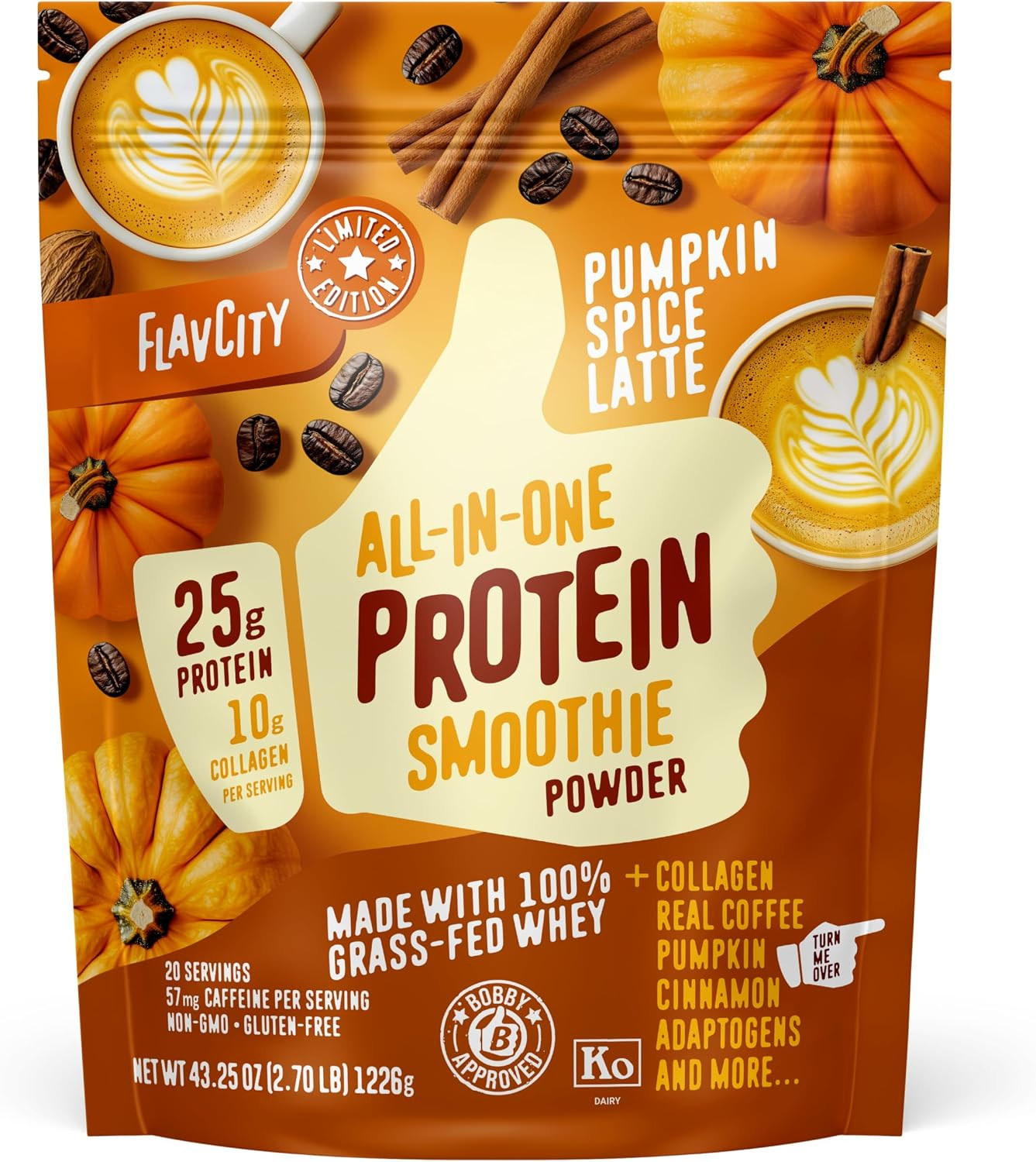 FlavCity Grass Fed Whey Protein Powder - Pumpkin Spice Latte - 25g Protein & 57mg of Caffeine - Made with Real Pumpkin & Organic Coconut Milk - Gluten Free & No Added Sugars (20 Servings) | Amazon (US)