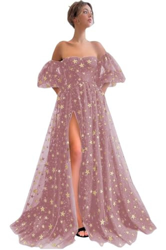 Off Shoulder Prom Dress Starry Stars Sparkly Tulle Puffy Sleeve Long Plus Size for Women Formal Party Evening Gown A Line Dusty Rose Split US20 Plus | Amazon (US)