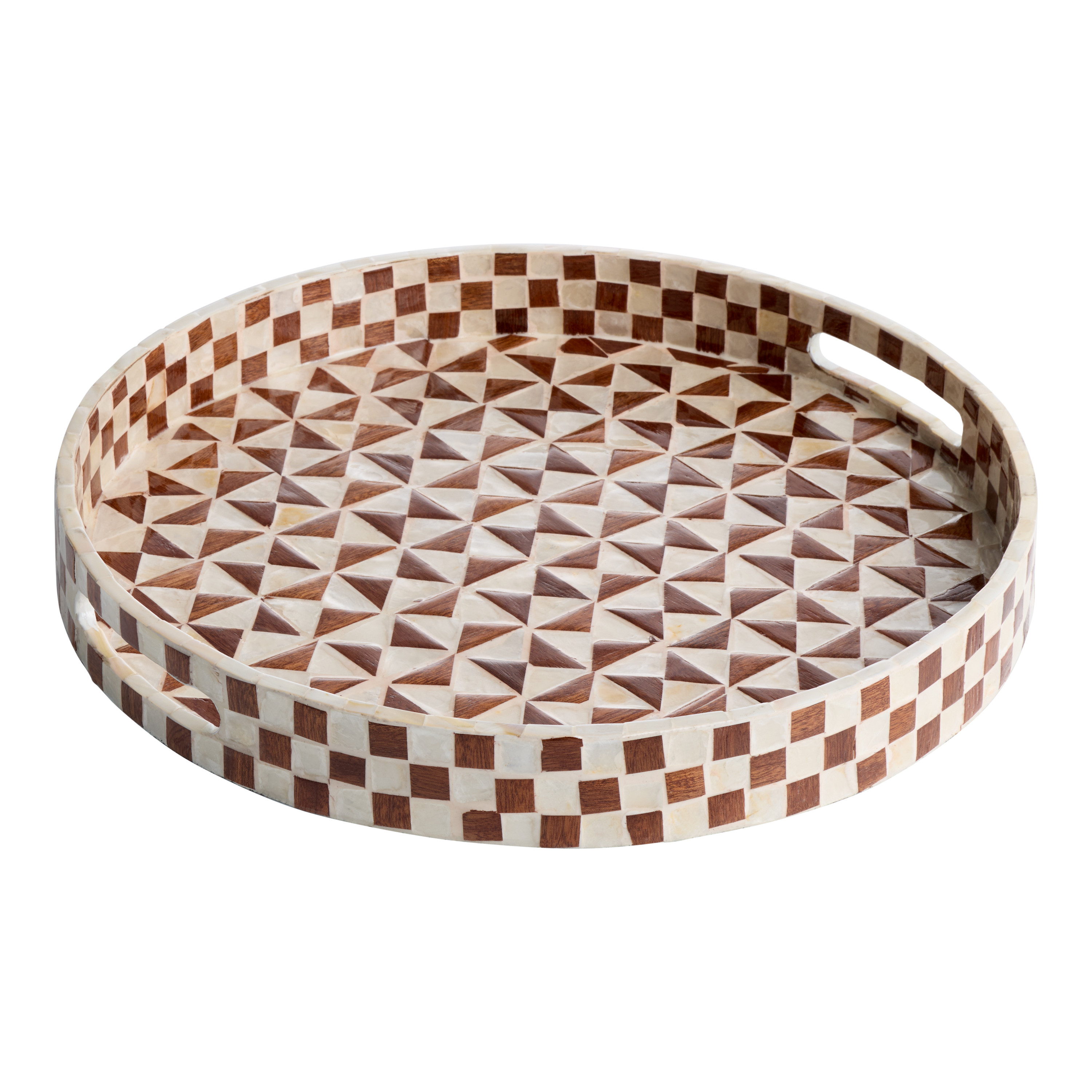 Round Capiz Shell and Wood Geo Inlay Serving Tray | World Market