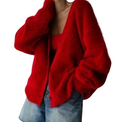Womens Fuzzy Sweaters Cardigan V-Neck Button Down Oversized Mohair Sweater Casual Y2k 2024 Fall Winter (Red,S,Small) | Amazon (US)