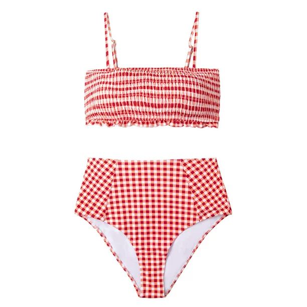 Cupshe Women's Red Gingham Smocked High Waisted Two Piece Bikini Swimsuit Set Bandeau Top - Walma... | Walmart (US)