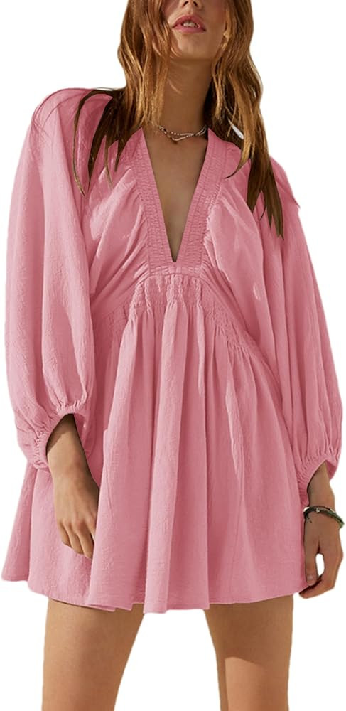 Women's Sexy Long Sleeve V Neck Tunic Dress Casual Loose Flowy Mini Swing Shift Dresses | Amazon (US)