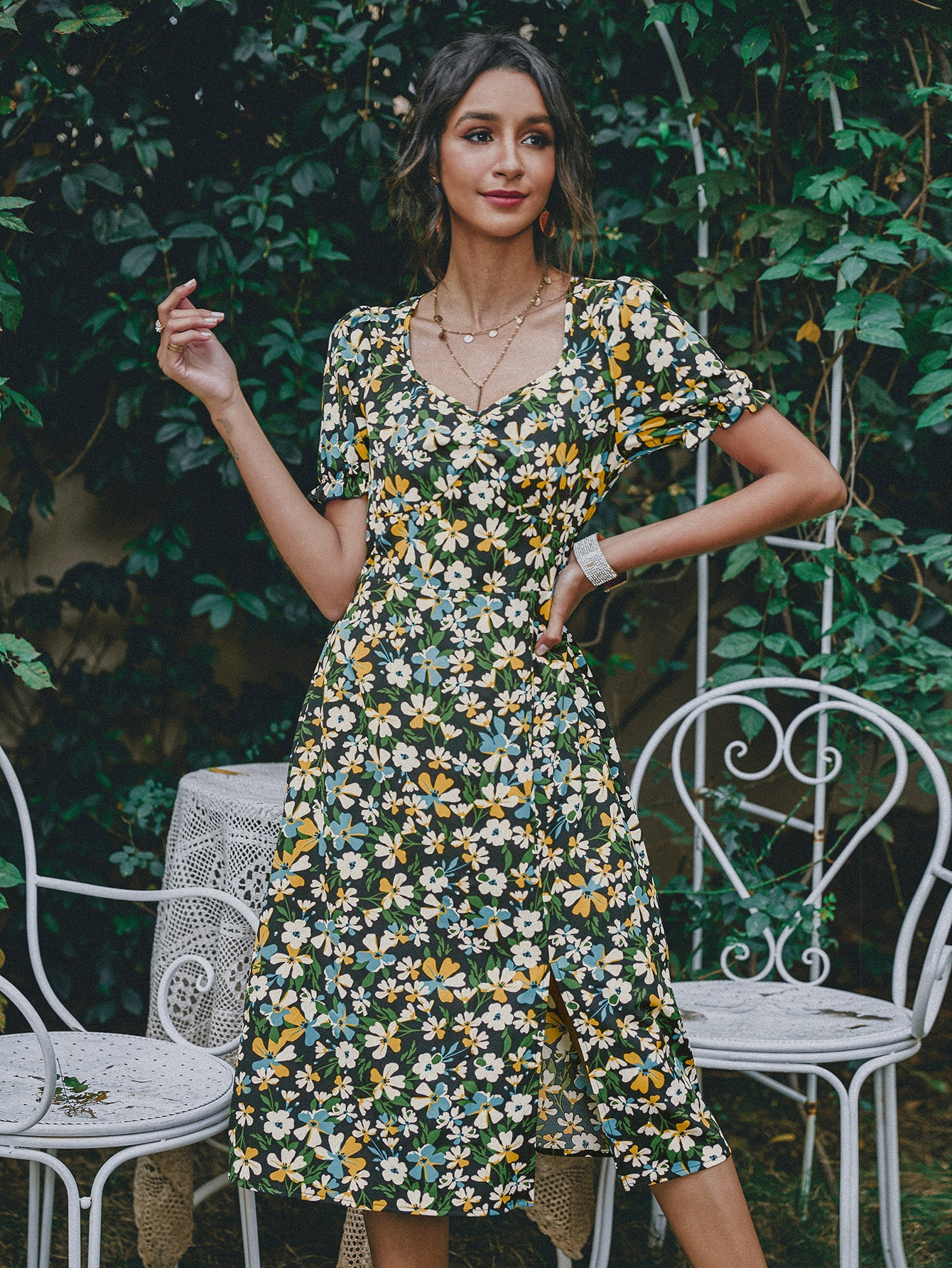 All Over Floral Print Split Hem Flounce Sleeve Dress | SHEIN