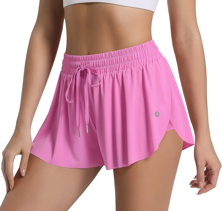Women 2 in 1 Flowy Butterfly Running Shorts with Spandex Underneath and Pocket for Athletic Workout | Amazon (US)