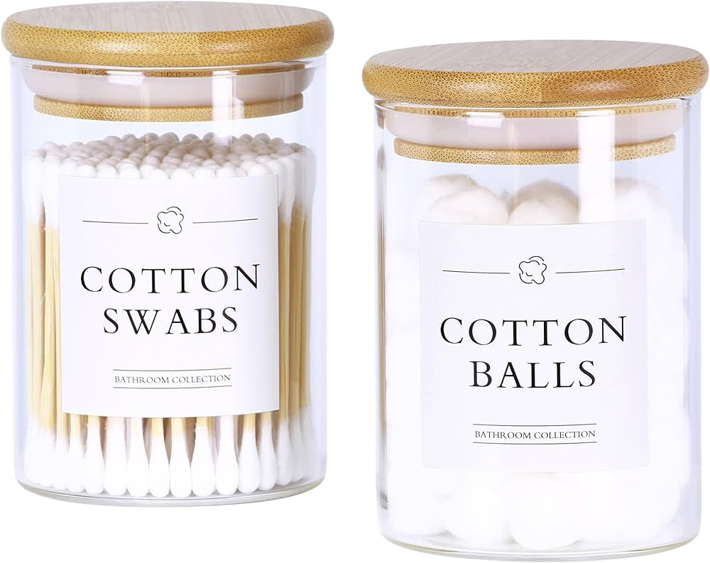 2 Pack Glass Qtip Holder Dispenser, Apothecary Jars with Lids for Bathroom, Cotton Ball Pad Swab ... | Amazon (US)