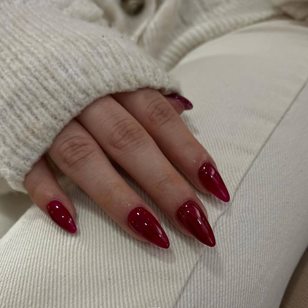 48 PCS Medium Press on Nails Almond Shape,KXAMELIE Dark Red Stiletto Fake Nails For Girls,Christm... | Amazon (US)