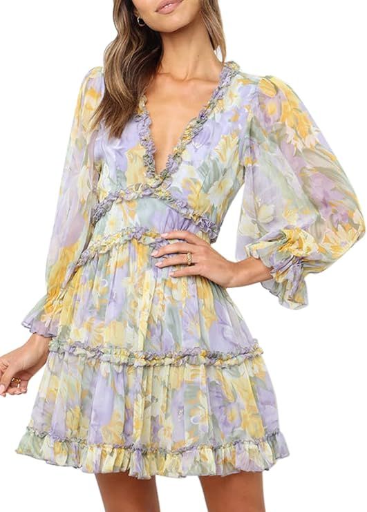 Happy Sailed Womens Fall Long Sleeve Ruffle Layer Backless Swing Mini Dress 2022 S-XL | Amazon (US)