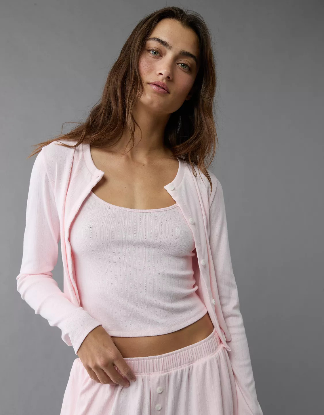 AE 3-Piece Pointelle Plush Cardigan Pajama Set | American Eagle Outfitters (US & CA)