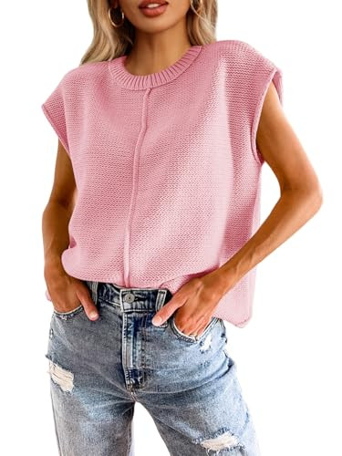 Saodimallsu Womens Cap Sleeve Crew Neck Tops Spring Cute Knit Lightweight Loose Sweaters Pullover Top Pink | Amazon (US)