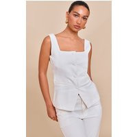 White Tie Back Covered Button Denim Top | PrettyLittleThing US