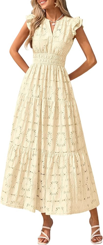 PRETTYGARDEN Womens Boho Maxi Dresses 2026 Summer Floral Lace Eyelet V Neck Spring Wedding Guest ... | Amazon (US)
