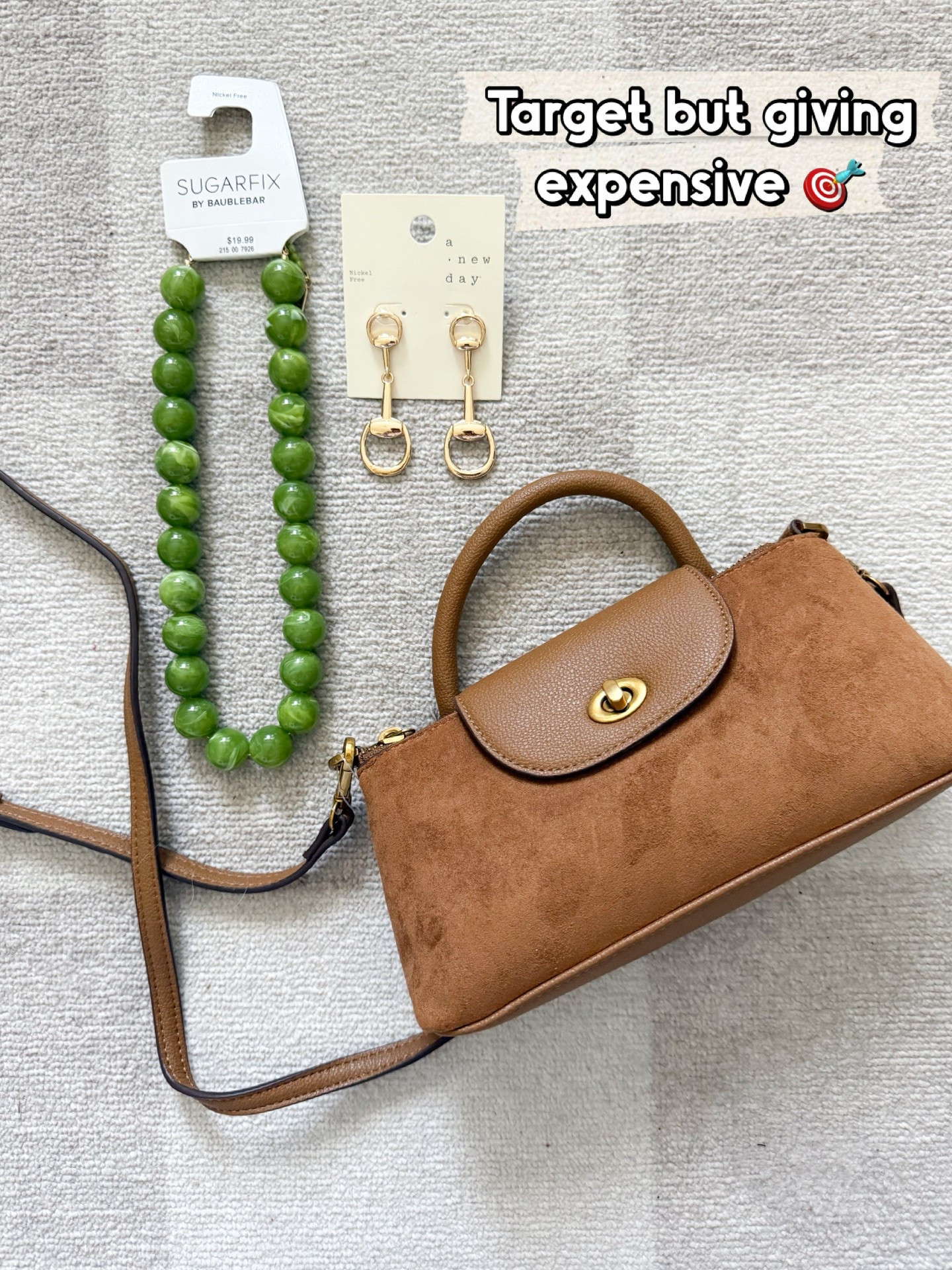 Love this cute crossbody bag! Such a great size and looks adorable with a scarf. This green necklace is the in green right now. Will add a pop of color to your fit. Love these horse bit earrings too, love it all! @Target

#LTKOver40