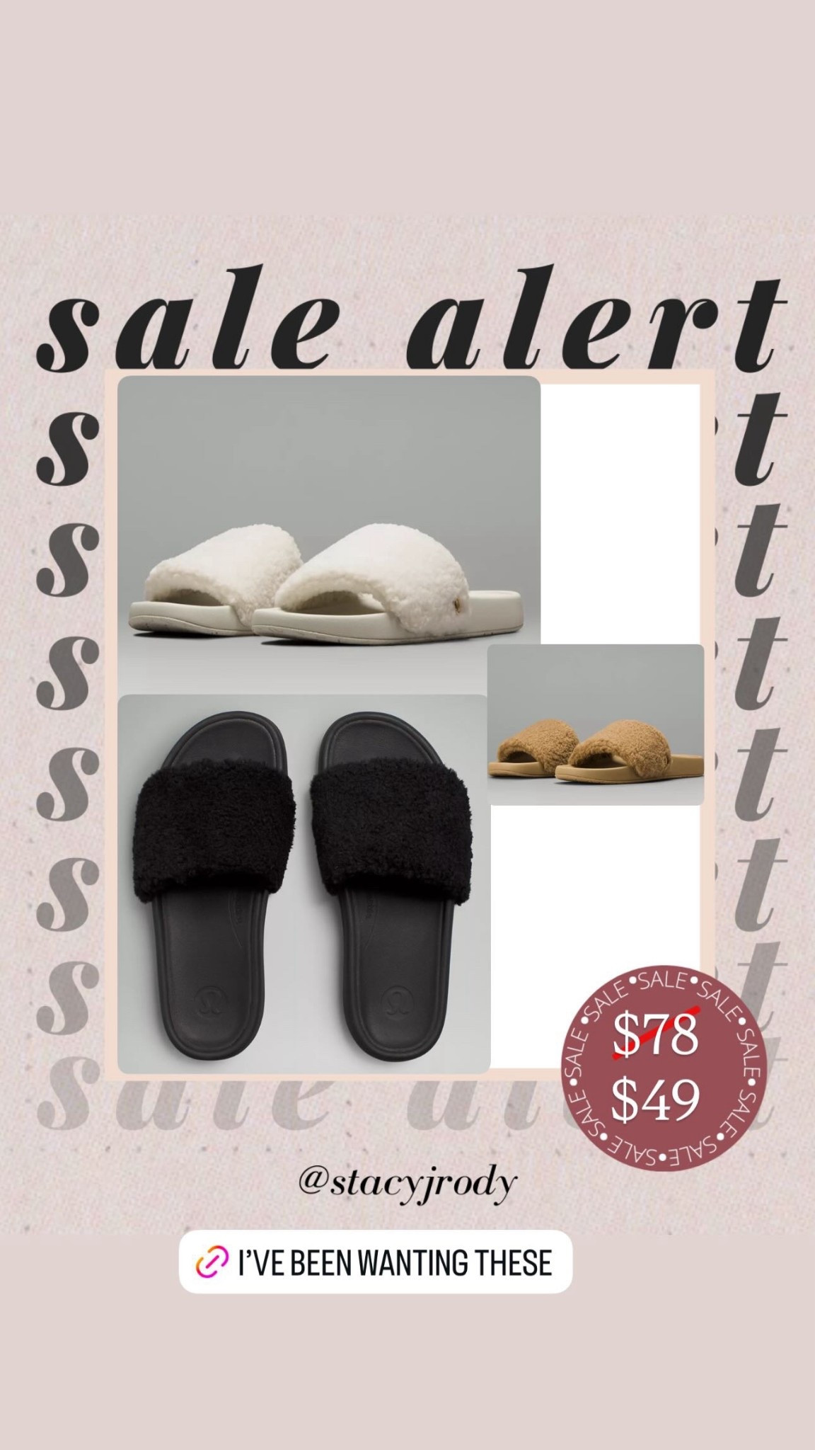 Casual slides 
Faux fur lululemon slides 
True to size 
Sale 

#LTKActive #LTKShoeCrush #LTKFindsUnder50