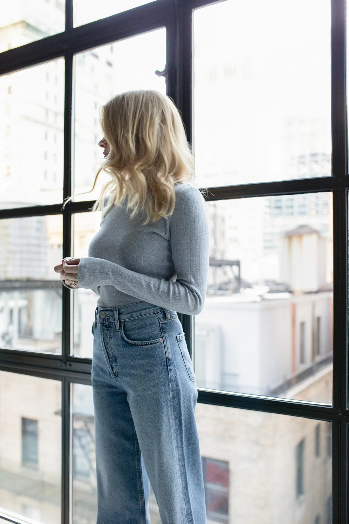 Pointelle Long Sleeve Crewneck - Grey | Marea