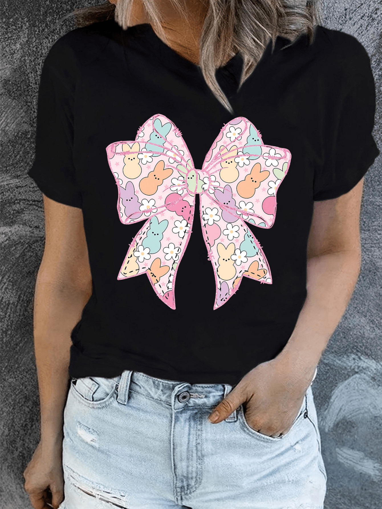 Womens Casual Easter Peep Bunny Bow Print Black Round Neck Short Sleeve T-Shirt | SHEIN