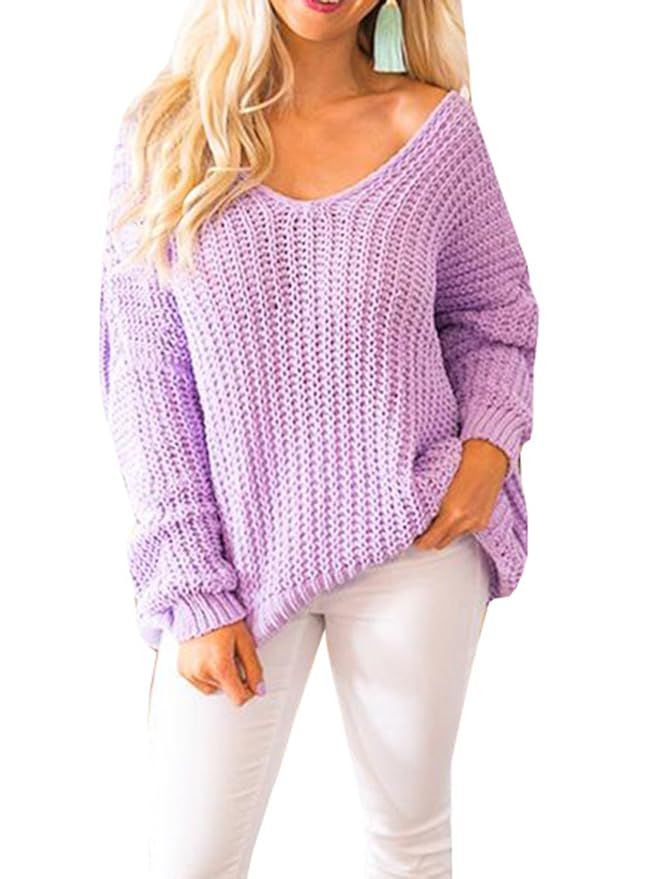 Imily Bela Womens Cable Knit Off The Shoulder Tunic Tops Scoop V Neck Oversized Sweater | Amazon (US)