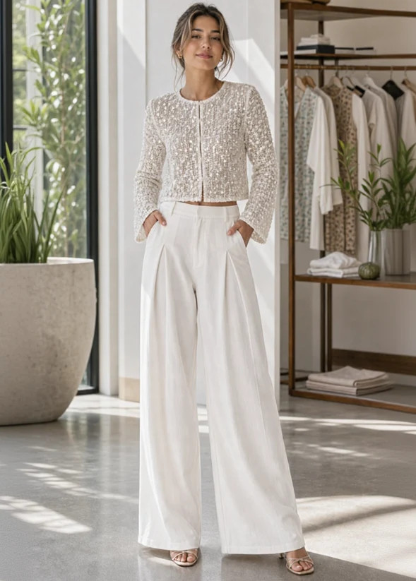 Arlan Pleated Wide Leg Trousers - White | Benaar La