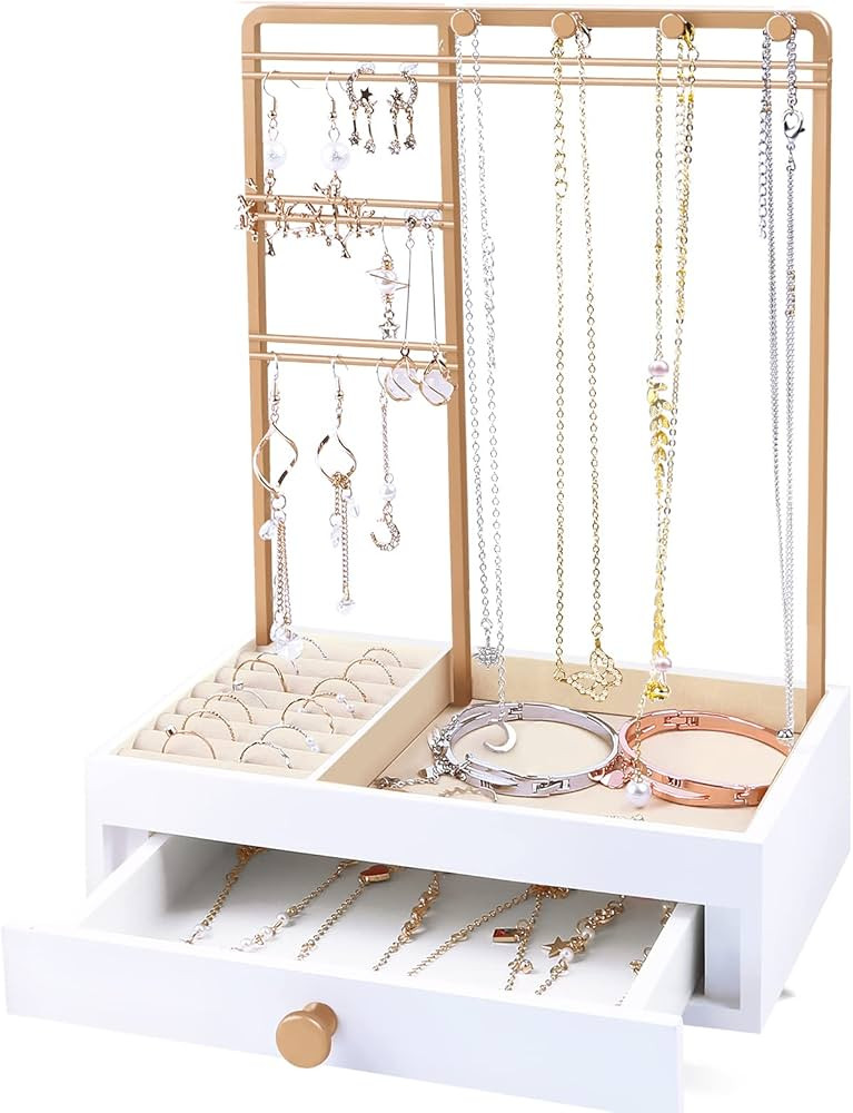 Teamkio Jewelry Stand Tree with Large White Storage Box, Tabletop Jewelry Organizer Display Tree ... | Amazon (US)