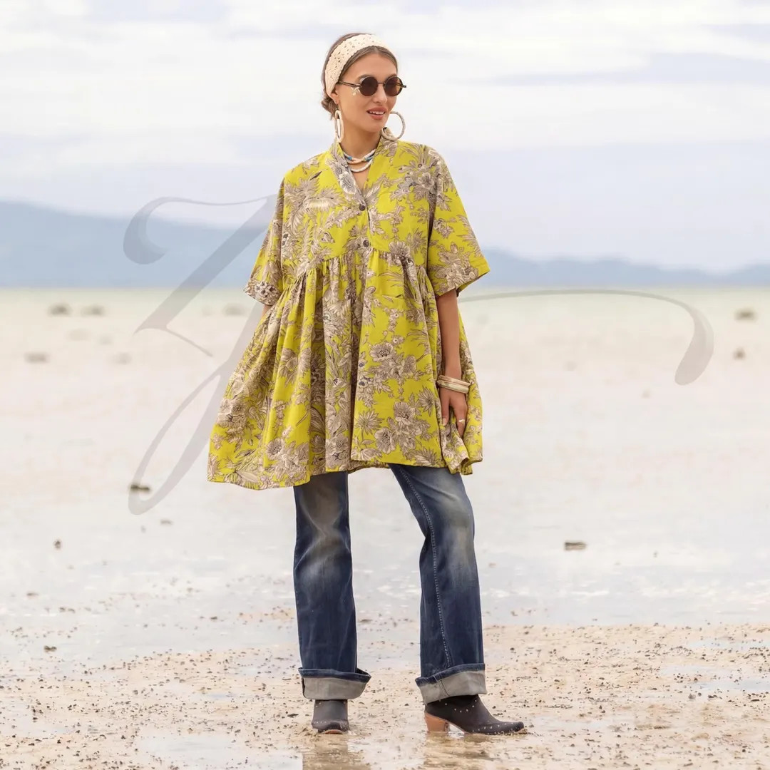 Aria Tunic – Chartreuse Flora Plus Size Cotton Boho Kaftan with Pockets | Artisan Oversized Top | Etsy (US)