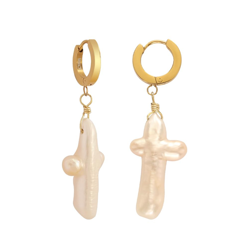 JOIANA | Pearl Cross Earrings - Gold Huggie Hoops | Amazon (US)