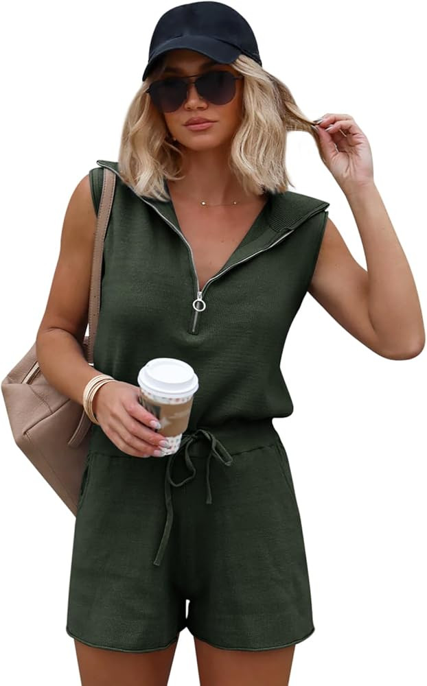 Yousify Women's Casual Sleeveless Short Rompers Summer Half Zip Lapel Collar Drawstring Knit One ... | Amazon (US)