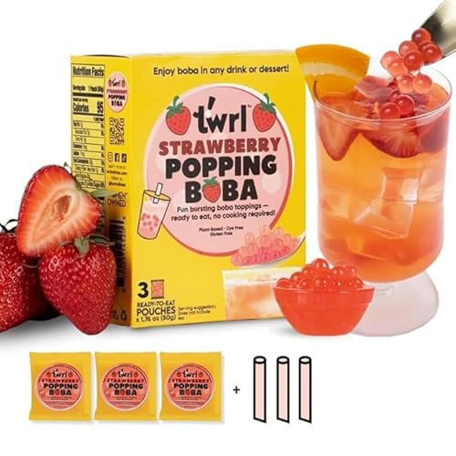 Twrl Strawberry Popping Boba for Bubble Tea - Cafe Style Bursting Juice-Filled Pearl Toppings at Home, Instant, Plant-Based, Gluten-Free, Dye-Free, No High Fructose Corn Syrup - 3 Single Servings and 3 Boba Straws | Amazon (US)
