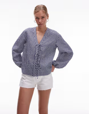 ARKET V-neck blouse with bow tie front in blue gingham check | ASOS (Global)