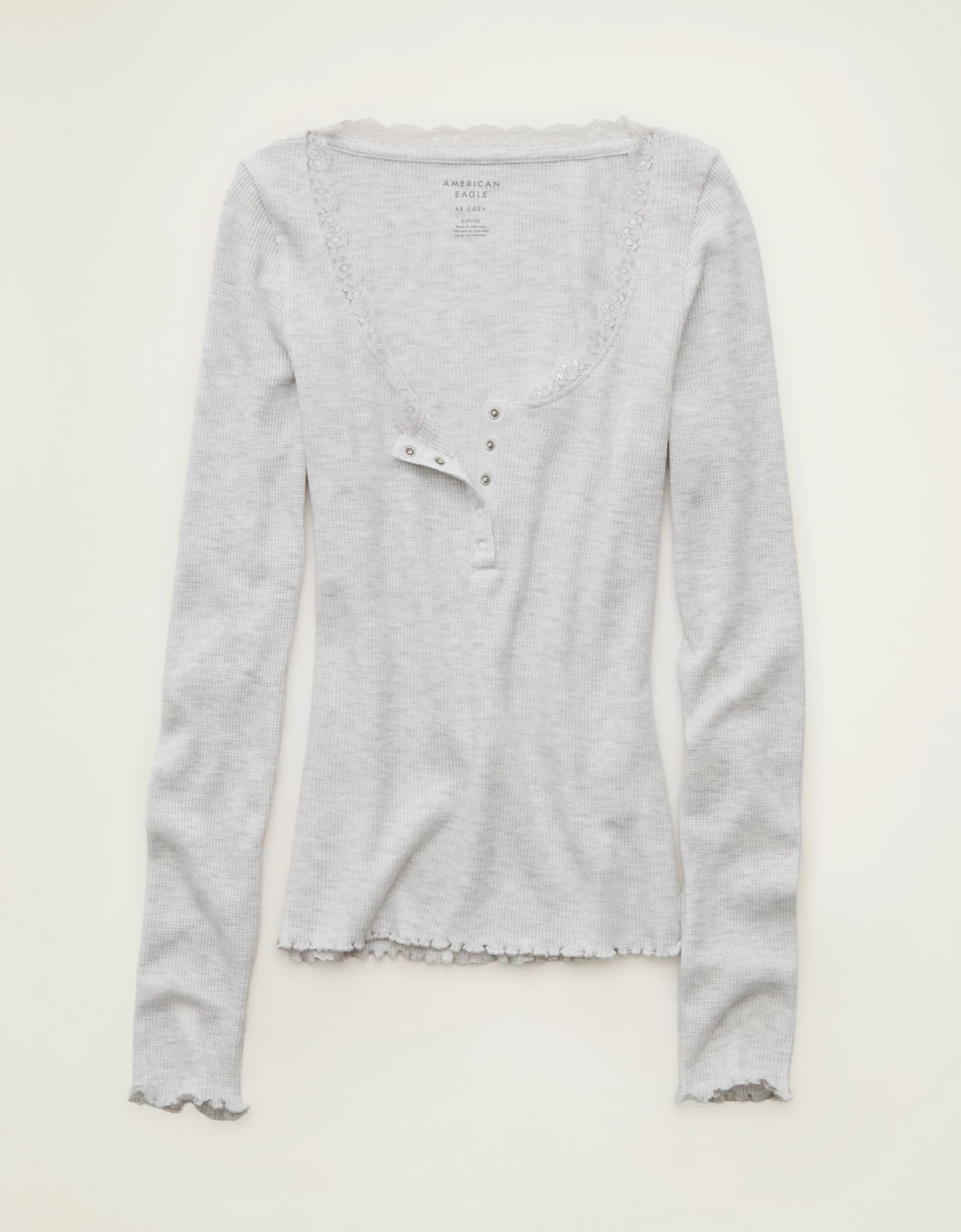 AE Cozy Waffle Lace Trim Henley T-Shirt | American Eagle Outfitters (US & CA)