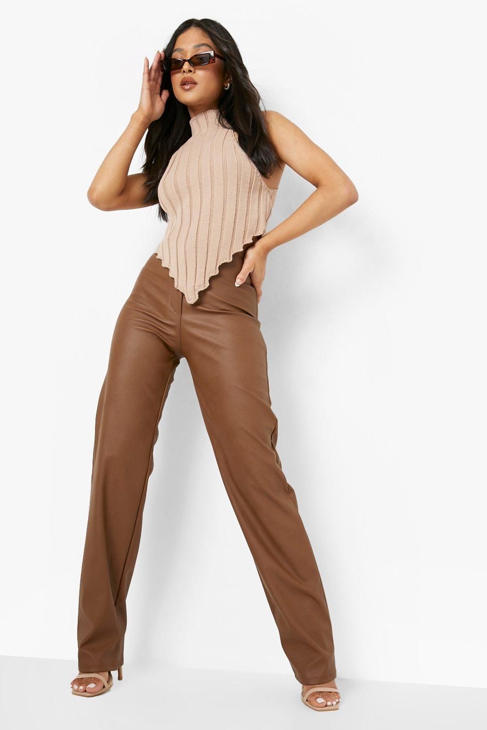 Womens Petite Wide Leg Faux Leather Pants - Brown - 10 | Boohoo.com (US & CA)
