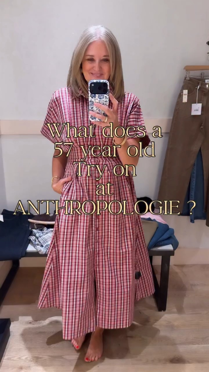 What does a 57 year old try on in Anthropologie? Well…whatever she wants!  It’s a fun place to step out of your comfort zone a bit, jean styles you might not try, a dress that you think you might like…. I stayed pretty true to my style this time🤎

Comment SHOP for links! Sizes listed in my LTK as well!!
Red plaid dress small (needed a medium, short dress medium, jeans tts, olive pants small, brown sweater small (runs big) sneakers size Down half (run big) olive jacket small

#anthro #anthrpologie #over50style #fallstyle