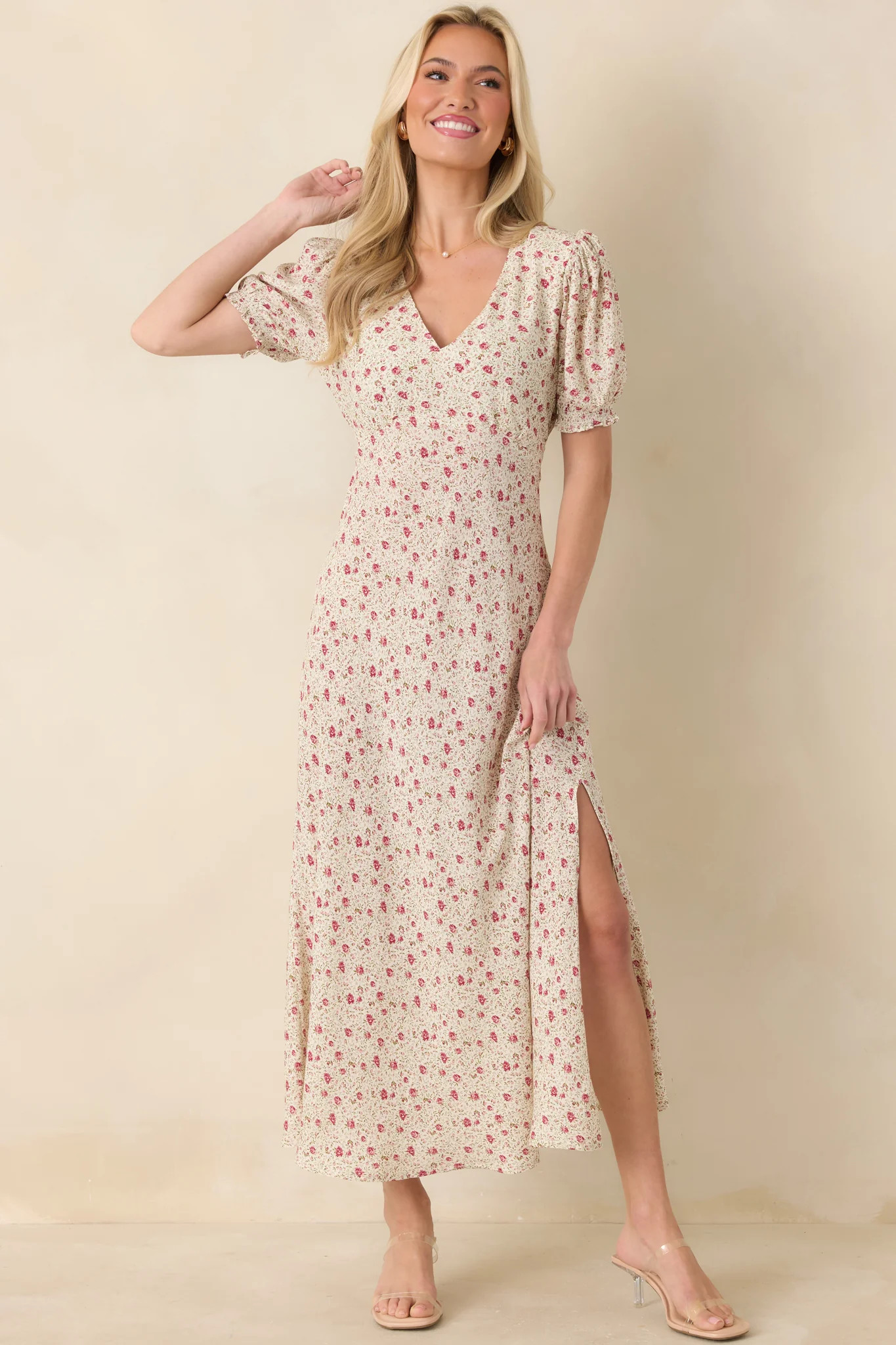 Where We Belong Dusty Pink Floral Short Sleeve Maxi Dress | Red Dress