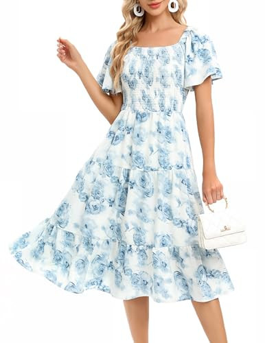Bbonlinedress Casual Light Blue Floral Dress for Women Wedding Guest Short Sleeve Midi Smocked,Blue Flower L | Amazon (US)