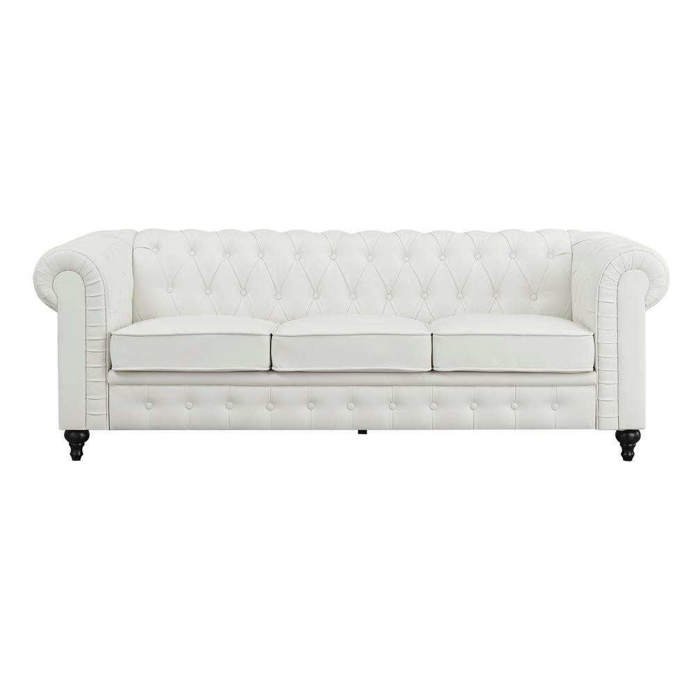 HOMESTOCK Emery Chesterfield 88.58 in. W Round Arm Faux Leather Straight Sofa in White with Tufted C | The Home Depot