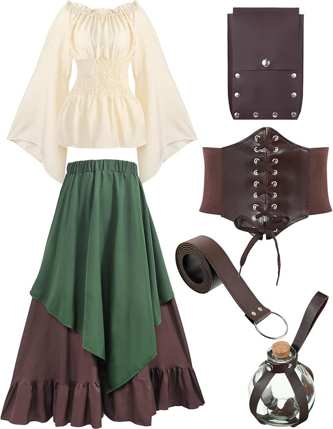 Hillban Women Medieval Renaissance Dress Costume Halloween Blouse Top Skirt Pouch Bottle Corset B... | Amazon (US)