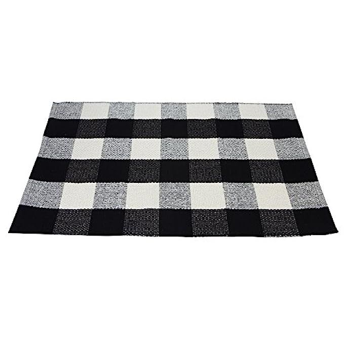 Black White Cotton Rug Checkered Plaid Area Rug Kitchen Mat Entry Way Bath Doormat Bedroom Carpet Wa | Amazon (US)