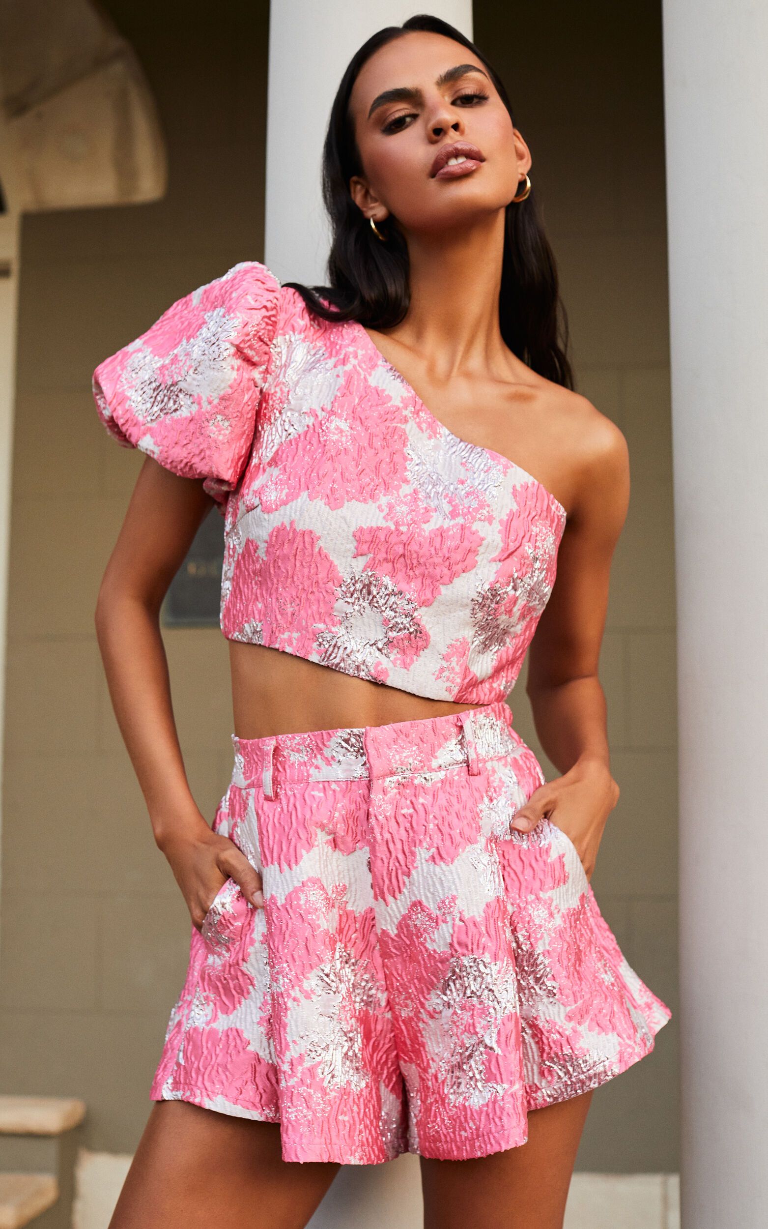 Brailey Two Piece Set - One Shoulder Puff Sleeve Top and Shorts Set in Light Pink Jacquard | Showpo (US, UK & Europe)