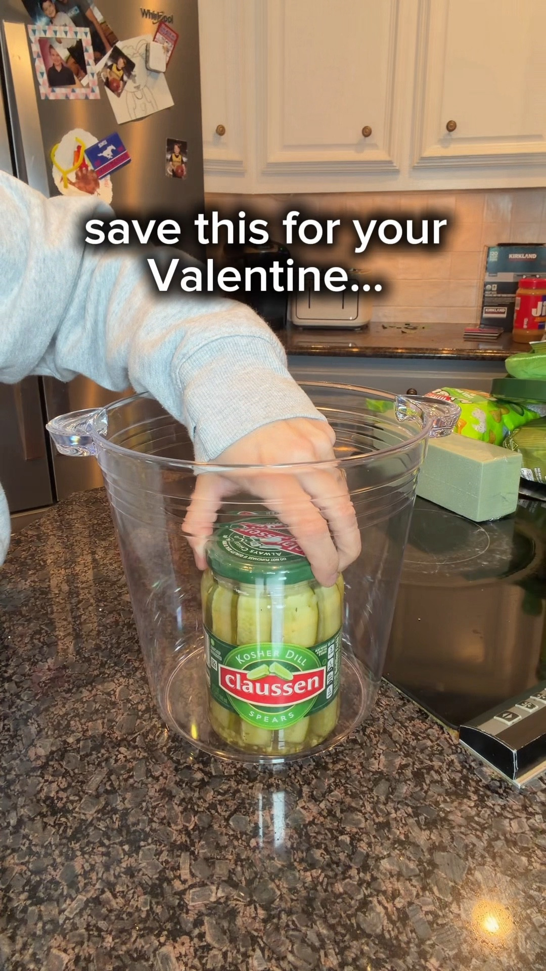 I’d PICK-le you again and again! 😍😍😍

Tag your favorite pickle addict! 🥒 

I had a little too much fun with this DIY Valentine idea! ❤️ 

How I made this pickle bouquet:
	•	Grab a large clear ice bucket (Dollar Tree win)
	•	Place a jar of pickles in the bottom
	•	Add floral foam around the jar for stability
	•	Use bamboo skewers to build the bouquet upward
	•	Add any and all pickle-flavored snacks you can find
	•	Toss in a fun extra (I found the CUTEST pickle Valentine plush 🥹)
	•	Stuff green tissue paper around the bucket to fill it out
	•	Finish with sticker letters that say “I Pick U” 💚

It’s funny, adorable, totally customizable, and guaranteed to get a reaction…which is the best kind of gift.

🥒 Comment PICKLE and I’ll send you links to where I found most of the pickle items and supplies

💚 Save this idea for your Valentine

😂 Tag your favorite pickle addict

Follow @makingfrugalfun for more frugal, fun DIY gift ideas that are a little extra (but ALWAYS fun).

#LTKValentine #LTKHome