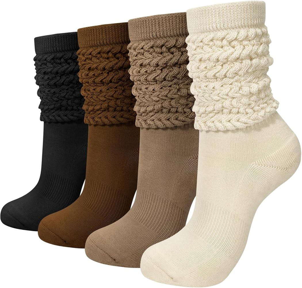 Slouchy Socks for Women 4 Pairs Slouch Long Scrunch Knee High Sock Knit Cotton Boot Tube Socks | Amazon (US)