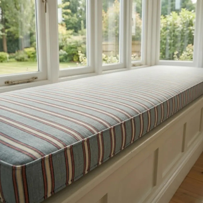Window Seat Cushion 3 Inch Thick, Blue Striped Linen Bench Cushion, Custom Bench Seat Cushion, Bu... | Etsy (US)